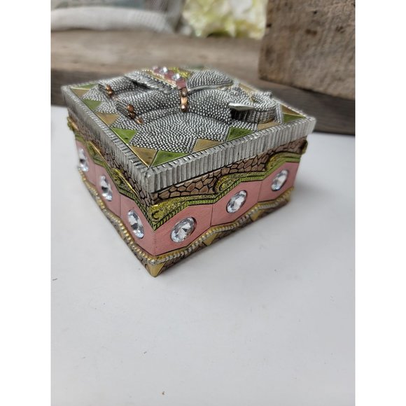 Elephant Trinket Box Raised Design Rhinestones Trunk up - Picture 5 of 8